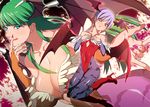  animal_print bat_print bat_wings blue_eyes breasts cleavage demon_girl elbow_gloves gloves green_hair head_wings high_heels large_breasts leotard lilith_aensland long_hair medium_breasts mizore_syrup morrigan_aensland multiple_girls pantyhose print_legwear purple_hair red_eyes red_leotard shoes short_hair tongue vampire_(game) wings 