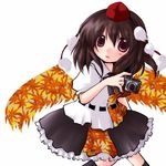  brown_hair camera futami_yayoi hat leaf looking_at_viewer red_eyes shameimaru_aya skirt socks solo thighhighs touhou wings 