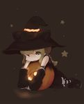  animal_ears arm_warmers black_background blonde_hair brown_eyes halloween hat inemuri_uno jack-o'-lantern original pumpkin solo witch_hat 