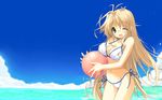  ball beach beachball bikini blonde_hair breasts cleavage day emily_(pure_dream) glasses green_eyes large_breasts long_hair non-web_source one_eye_closed open_mouth original outdoors side-tie_bikini solo swimsuit wallpaper 