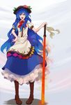  bad_id bad_pixiv_id blue_hair boots bow food fruit hand_on_hilt hand_on_hip hat hinanawi_tenshi long_hair open_mouth peach pigeon-toed red_eyes ribbon shibasaki_shouji solo sword sword_of_hisou touhou weapon 