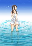  bad_id bad_pixiv_id barefoot brown_hair dress hand_on_headphones headphones legs long_hair long_legs looking_away partially_submerged ripples sakebuotoko shooting_star sitting skirt solo sundress water white_skirt 