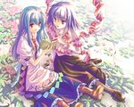  :/ ahoge blue_hair book boots dress flower hinanawi_tenshi long_hair multiple_girls nagae_iku no_hat no_headwear pointing purple_hair reading red_eyes ribbon shawl shirosa short_hair sitting touhou 