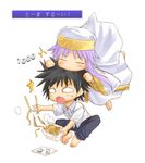  1boy 1girl biting chopsticks damage_numbers food head_biting index kamijou_touma kasuga_yukihito noodles o_o surprised to_aru_majutsu_no_index yakisoba 