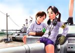  black_hair brown_eyes brown_hair caterpillar_tracks gloves ground_vehicle gym_uniform headphones headphones_around_neck highres long_hair military military_vehicle mimura_kaoru motor_vehicle multiple_girls open_mouth original short_hair tank tiger_i twintails 