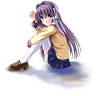  clannad fujibayashi_kyou hair_ribbon highres hikarizaka_private_high_school_uniform long_hair otoki_raku purple_eyes purple_hair ribbon school_uniform solo thighhighs 