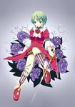  asellus_(saga_frontier) bare_legs blue_eyes closed_mouth dress expressionless flower full_body green_hair grey_background kmzm kneehighs long_sleeves looking_at_viewer red_dress red_flower red_rose rose saga saga_frontier short_hair simple_background sitting solo striped striped_legwear 