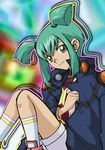  bad_id bad_pixiv_id flat_chest green_hair jacket luca_(yuu-gi-ou) shirt short_hair shorts sitting socks solo twintails xruka yellow_eyes yuu-gi-ou yuu-gi-ou_5d's 