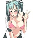  bikini_top bodysuit breasts hatsune_miku iam38 large_breasts long_hair mouth_hold solo twintails unzipped v vocaloid 