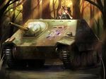  bangs blue_jacket brown_eyes brown_hair caterpillar_tracks dappled_sunlight emblem forest girls_und_panzer ground_vehicle hair_ribbon insignia jacket jagdpanzer_38(t) kadotani_anzu light_rays light_smile long_hair long_sleeves looking_at_viewer machinery military military_uniform military_vehicle motor_vehicle nature ooarai_(emblem) ooarai_military_uniform parted_bangs ribbon solo sunlight tank tank_destroyer turretless_tank turtle twintails uniform yilx 