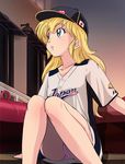  baseball_cap baseball_uniform blonde_hair blue_eyes haruyama_kazunori hat long_hair melody_patricia_norman miracle_giants_domu-kun no_pants panties sitting solo sportswear underwear world_baseball_classic 