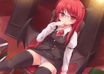  bat_wings bespectacled black_legwear blush book demon_wings glasses head_wings highres koakuma long_hair looking_at_viewer lzh multiple_wings necktie panties pantyshot pantyshot_(sitting) red_eyes red_hair red_neckwear sitting solo thighhighs touhou underwear white_panties wings 