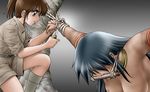  bdsm blush bondage bound breasts brown_eyes brown_hair dark_skin dirty gagged knife large_breasts long_hair multiple_girls nude original rope shingyouji_tatsuya sleeves_rolled_up sweat tree 