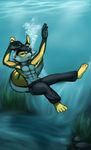  anthro belt biceps black_fur black_hair blue_fur bubble bubbles byondrage clothing fur hair jex male muscles open_mouth pants pecs pose sea sinking solo toned tongue topless underwater water wet white_hair yellow_eyes yellow_fur 