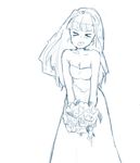  &gt;_&lt; bad_id bad_pixiv_id blush bouquet breasts bridal_veil cleavage closed_eyes dress flower jenny_dolittle leaning_forward long_hair medium_breasts miniskirt_pirates monochrome mutou_mato solo strapless strapless_dress tongue tongue_out veil wedding_dress 