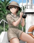  boat brown_eyes brown_hair camera helmet jungle nature original pith_helmet shingyouji_tatsuya sleeves_rolled_up solo watercraft 