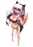  animal_ears bikini breasts cleavage fang from_above gallon genderswap genderswap_(mtf) highres index_finger_raised large_breasts long_hair midnight_bliss nunchaku ribbon slit_pupils solo swimsuit tail vampire_(game) weapon white_hair wolf_ears yellow_eyes yoshida_ichitora 