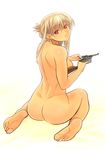 afukuro ass bad_id bad_pixiv_id barefoot from_behind grey_hair gun handgun highres long_hair looking_back mauser_c96 nude original pistol red_eyes simple_background solo weapon white_background 