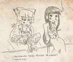  bandaid bow bruise burning eating finnish fire flame food fujiwara_no_mokou houraisan_kaguya ice_cream injury monochrome multiple_girls pants setz sketch smile suspenders touhou translated 