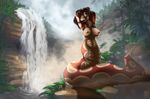  bloo blue_eyes breasts brown_hair female flower foliage forked_tongue hair jungle leaf liara_(microphone) looking_at_viewer naga nipples nude outside red_hair reptile scalie sky snake solo spiritraptor steam tongue tongue_out tree two_tone_hair water waterfall 