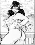  anthro beach big_breasts breasts clothing cloud clouds dark_hair eyelashes eyewear female glasses greyscale hair half-closed_eyes long_hair looking_at_viewer looking_back mammal monochrome one-piece_swimsuit oscar_marcus pig pinup porcine pose sea seaside smile solo standing swimsuit tight_clothing water white_skin 
