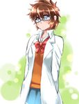  :o bad_id bad_pixiv_id bespectacled blue_eyes blush bow bowtie brown_hair eyebrows_visible_through_hair glasses hands_in_pockets labcoat looking_at_viewer lynn_lambretta miniskirt_pirates mutou_mato school_uniform short_hair skirt solo sweater sweater_vest 