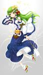  bad_id bad_pixiv_id bare_shoulders bell breasts bug butterfly frog_hair_ornament geta gohei green_hair hair_ornament highres insect juna kochiya_sanae long_hair medium_breasts rope smile snake_hair_ornament solo touhou yellow_eyes 