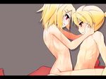  1girl blonde_hair blush brother_and_sister eye_contact grey_background incest kagamine_len kagamine_rin letterboxed looking_at_another nude pon_(shind_997) red_eyes siblings simple_background straddling twincest twins vocaloid 