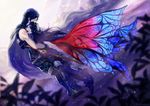  1girl armor blue_eyes blue_hair butterfly_wings cape falchion_(fire_emblem) father_and_daughter fire_emblem fire_emblem:_kakusei hug krom long_hair lucina moppect multicolored multicolored_wings sheath sheathed sword tears weapon wings 