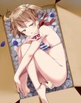  barefoot bikini bikini_top blue_eyes bottomless box brown_hair fetal_position foam_pellets hair_ornament in_box in_container no_panties open_mouth original plantar_flexion short_hair short_twintails smile solo striped striped_bikini_top swimsuit takeuchi_aya twintails 