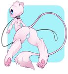  ass back blue_eyes blue_panties blush butt camel_toe collar cute cyan_background female flat_chest fur furry leash legendary_pok&#233;mon looking_at_viewer looking_back mew nintendo no_humans panties paws pink_fur plain_background pok&#233;mon pokemon pose raised_tail slugbox soles solo striped striped_panties tail tail_tuft tuft underwear video_games 