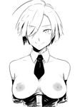  antenna_hair breasts character_request elbow_gloves em gloves greyscale hair_over_one_eye medium_breasts mole monochrome necktie nipple_piercing nipples piercing short_hair solo upper_body witch_craft_works 