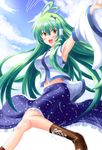  armpits blush boots breasts cloud detached_sleeves frog_hair_ornament hair_ornament ichikawa_feesu kochiya_sanae long_hair medium_breasts open_mouth skirt sky snake_hair_ornament solo touhou 