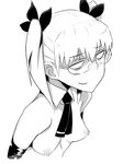  blush breasts elbow_gloves em empty_eyes glasses gloves greyscale hair_ribbon monochrome nipples ribbon small_breasts solo twintails upper_body utsugi_kanna witch_craft_works 