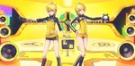  1girl blonde_hair controller game_controller hair_ornament hairclip headphones highres jacket kagamine_len kagamine_rin kneehighs madyy project_diva_(series) project_diva_f remote_control rimocon_(vocaloid) speaker stylish_energy_(module) television track_jacket vocaloid yellow 