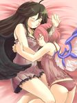  animal_ears bad_id bad_pixiv_id bed_sheet black_hair blush camisole chemise closed_eyes hug long_hair lying multiple_girls mystia_lorelei nise_nanatsura on_side open_mouth panties pink_hair purple_panties reiuji_utsuho short_hair sleeping smile touhou underwear wings 