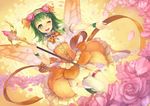  ;d alternate_costume blush butterfly_wings dress flower green_hair gumi hair_ribbon hairband highres karpin looking_at_viewer magical_girl one_eye_closed open_mouth orange_dress petals ribbon rose rose_petals short_hair smile solo staff vocaloid wand wings 