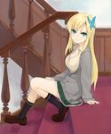  aqua_eyes black_legwear blonde_hair boku_wa_tomodachi_ga_sukunai breasts butterfly_hair_ornament cardigan cleavage hair_ornament highres kashiwazaki_sena kuroko_(piii) loafers long_hair looking_at_viewer medium_breasts plaid plaid_skirt school_uniform shoes sitting sitting_on_stairs skirt sleeves_past_wrists smile socks solo st._chronica_academy_uniform stairs 