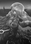  armor ass black_sclera breastplate breasts character_request cleavage commentary_request copyright_request dark_skin greyscale huge_breasts long_hair monochrome pauldrons solo tokyo_(great_akuta) weapon 