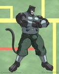  abs anthro barefoot beard biceps big big_muscles black_fur black_nose bracelet bulge cat clothing facial_hair fairy_tail feline flexing fur hair jewelry male mammal muscles open_mouth panther panther_lily pantherlily pants pecs pose reclamon red_eyes shirt solo standing tank_top toned tongue whiskers white_fur white_hair 