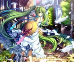  arms_behind_back bird capura_lin dress feathers flower green_eyes green_hair hat hatsune_miku long_hair looking_at_viewer petals smile solo sun_hat sundress twintails very_long_hair vocaloid 