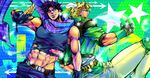  abs black_hair blonde_hair bubble caesar_anthonio_zeppeli carotte crop_top facial_mark feathers fingerless_gloves gloves green_jacket hair_feathers headband jacket jojo_no_kimyou_na_bouken joseph_joestar_(young) male_focus manly midriff multiple_boys muscle scarf 