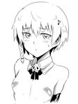  bandaid bandaids_on_nipples blush braid breasts elbow_gloves em gloves greyscale kazari_rin monochrome musical_note pasties short_hair skull small_breasts solo upper_body witch_craft_works 