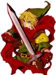  bashikou belt blonde_hair blue_eyes cape earrings gloves hat highres holding holding_sword holding_weapon jewelry left-handed link male_focus pointy_ears solo sword the_legend_of_zelda the_legend_of_zelda:_skyward_sword weapon 