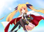  armor bardiche bare_shoulders belt blonde_hair blush cape fate_testarossa gloves hair_ribbon long_hair lyrical_nanoha mahou_shoujo_lyrical_nanoha mahou_shoujo_lyrical_nanoha_a's mahou_shoujo_lyrical_nanoha_the_movie_2nd_a's open_mouth outstretched_hand red_eyes ribbon skirt solo thighhighs twintails very_long_hair yukiru_akitera 