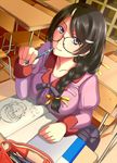  bad_id bad_pixiv_id bakemonogatari black_hair braid breasts deanna glasses hair_ornament hair_ribbon hairclip hanekawa_tsubasa juliet_sleeves large_breasts long_hair long_sleeves monogatari_(series) pencil_case puffy_sleeves purple_eyes ribbon school_uniform smile solo 