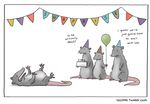  balloon birthday cake candle english_text fire food fur grey_fur hat humor liz_climo male mammal marsupial opossum text 
