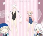  1girl animal_ears bare_shoulders bikini blonde_hair blue_eyes braid bunny bunny_ears chibi double_bun dress hood hoodie kurot long_hair lying mole mole_under_eye on_side one-piece_swimsuit otoko_no_ko petite pixiv_fantasia pixiv_fantasia_new_world school_swimsuit sitting swimsuit twin_braids wariza white_hair 