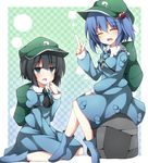  backpack bag black_hair boots closed_umbrella creta_(taku10) dark_haired_kappa extra grey_eyes hair_bobbles hair_ornament hand_to_own_mouth hat kappa_mob kawashiro_nitori multiple_girls open_mouth rubber_boots shirt sitting sitting_on_rock skirt skirt_set smile touhou two_side_up umbrella 