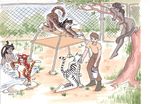  feline female fence human male mammal nude open_mouth pond sue-chan_(artist) tiger tree yawn yawning zoological_gardens 